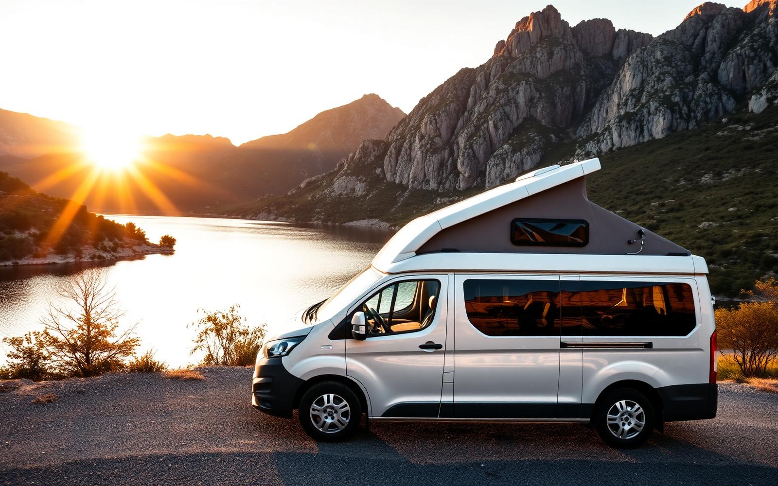 Camper Bookingvans junto a un lago al atardecer